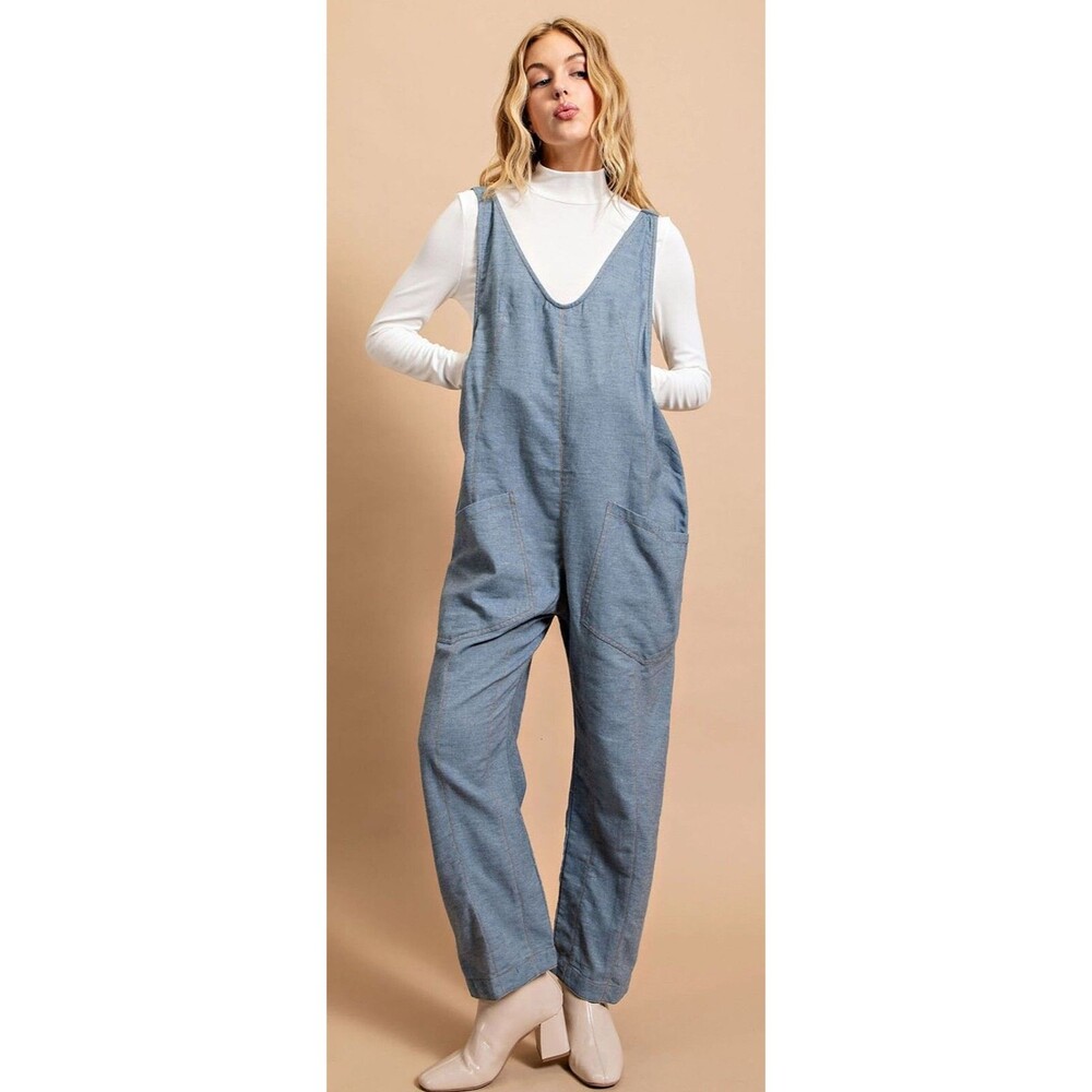 New GIGIO M 8 10 Blue Cotton Chambray Jumpsuit Front Pockets Adjustable Straps